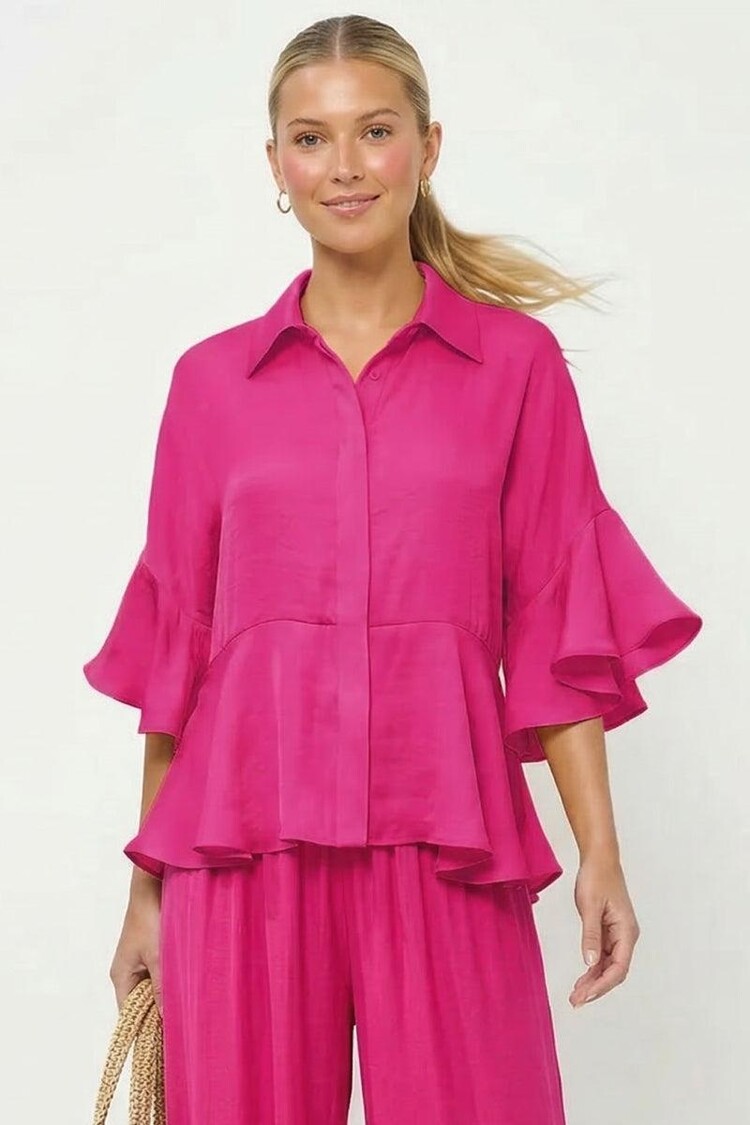 USA 3/4 Flutter Sleeve Blouse Hot Pink