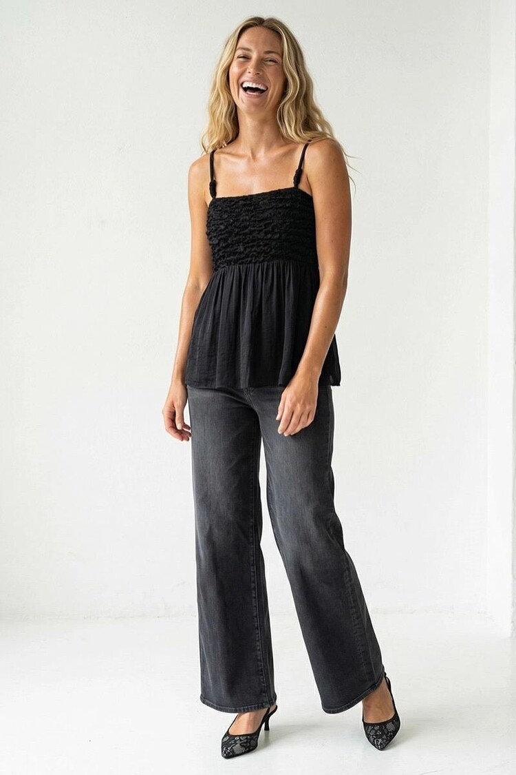 USA Cord Detail Smocking Top VT119884 Black
