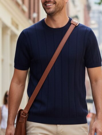 Paris Ribbed Crew Neck Knit Tee-Navy M631-15