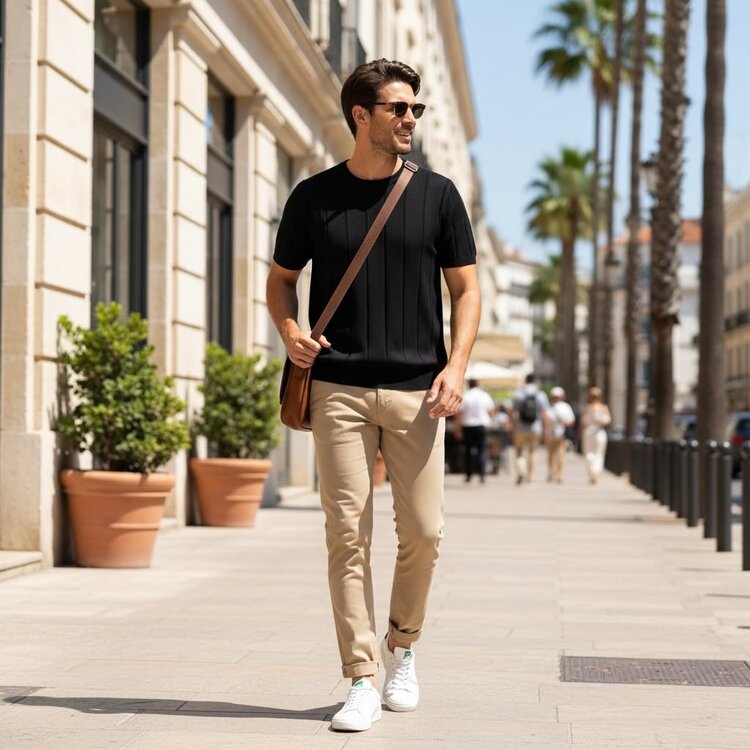 Paris Ribbed Crew Neck Knit Tee- Black M631-15