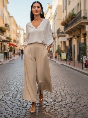 USA Wide Leg Culottes Pants- Beige K209
