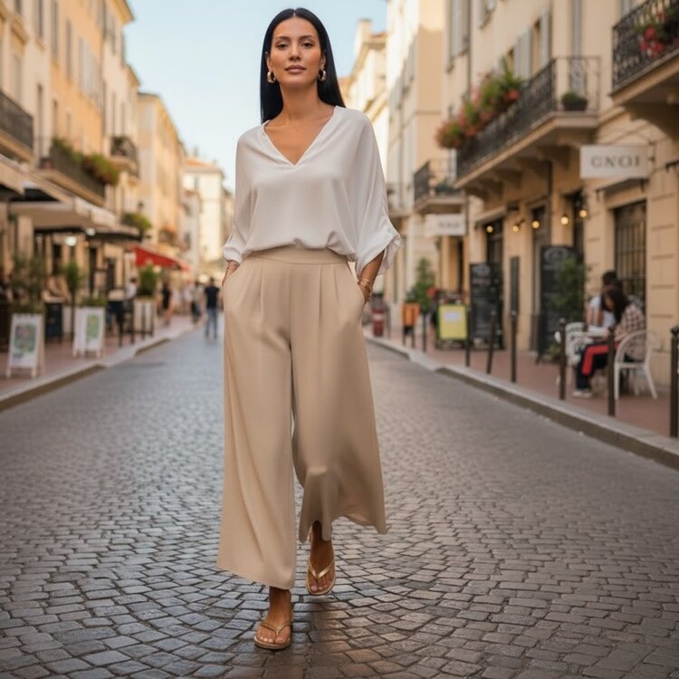 USA Wide Leg Culottes Pants- Beige K209
