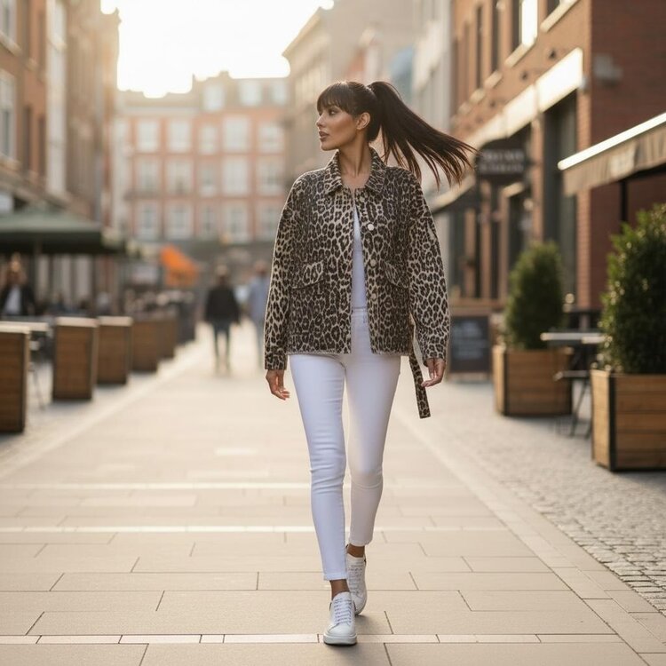 Paris Oversized Straight-Fit Leopard Print Denim Jacket - Brown S539-71