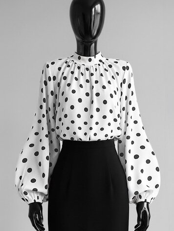 Paris Long Sleeve Polka Dot Pleated Blouse-White