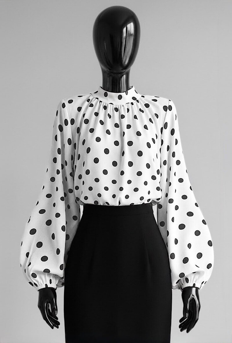 Paris Long Sleeve Polka Dot Pleated Blouse-White