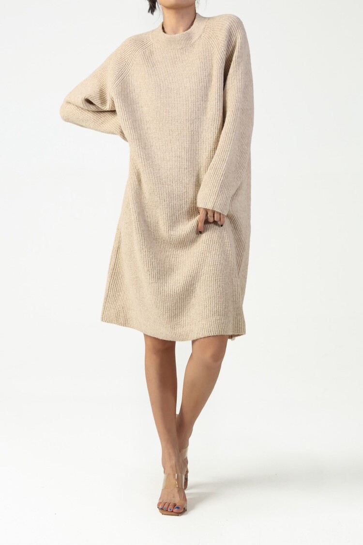 Paris Ribbed Knit Sweater Dress- Beige LA2552-5