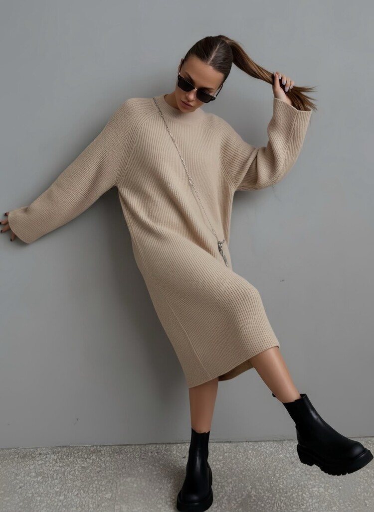 Paris Ribbed Knit Sweater Dress- Beige LA2552-5