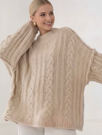 Paris Oversized Cable-Knit Sweater-Beige