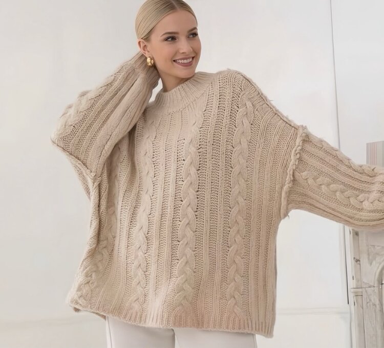 Paris Oversized Cable-Knit Sweater-Beige
