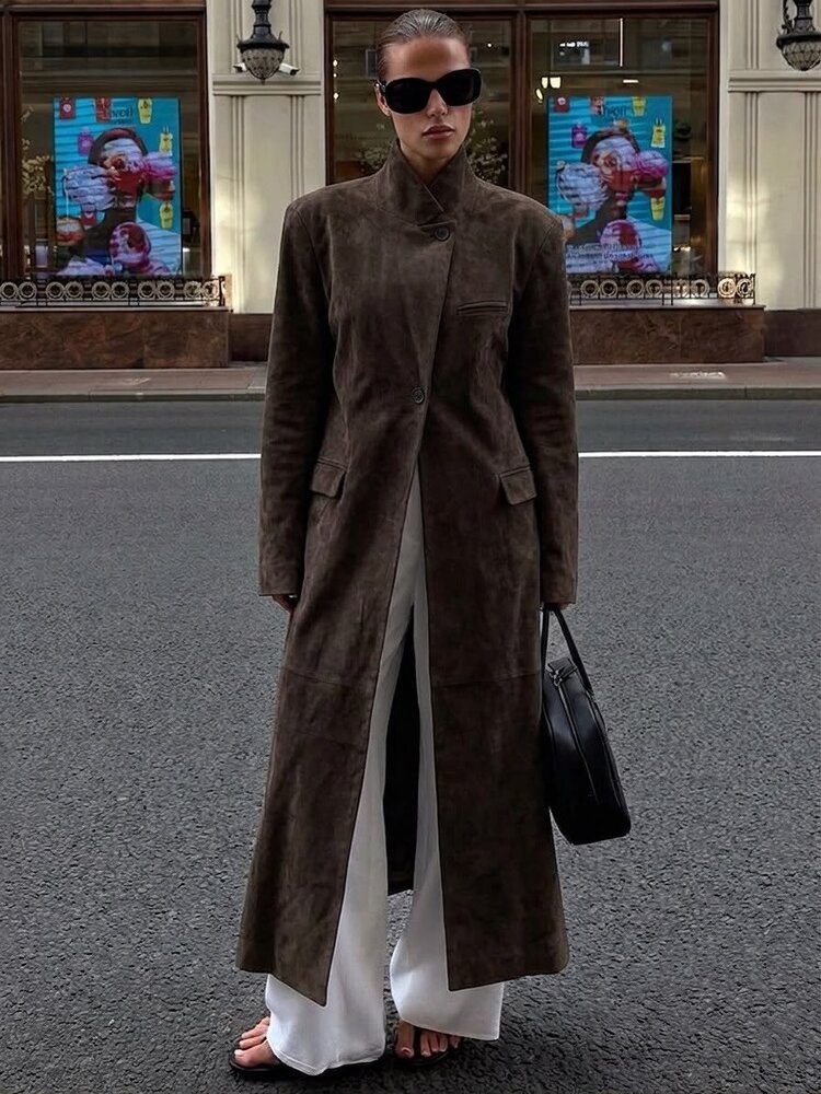 Paris Faux Suede Trench Coat- Olive AZ1651