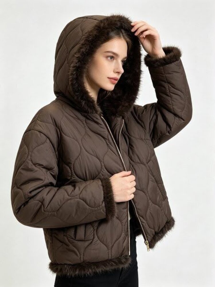 Paris Quilted Faux Fur Flip Jacket-Brown (REVERSIBLE)