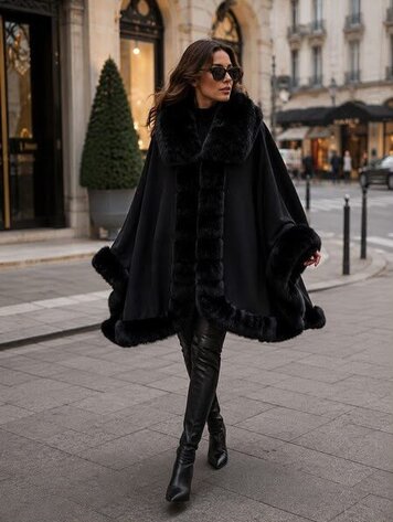 Paris Shearling Poncho- Black YXB-9220