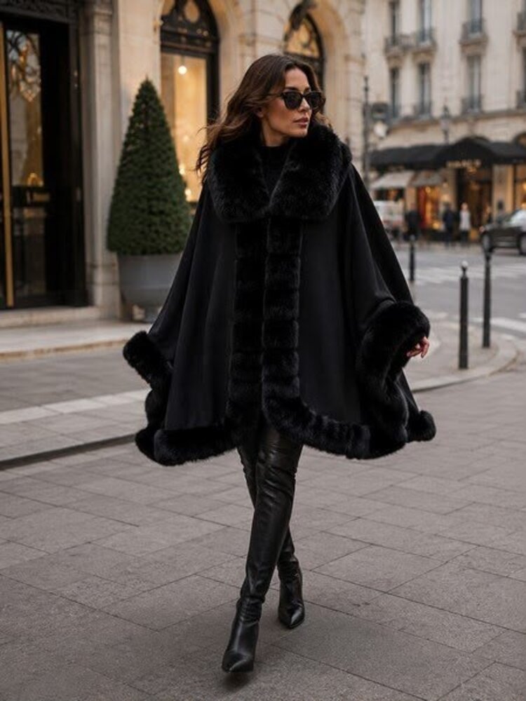 Paris Shearling Poncho- Black YXB-9220