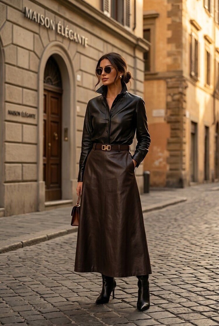 Paris Faux Leather Midi Skirt-Coffee 7122