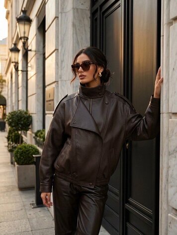 Paris Faux Leather Biker Jacket- Brown HM 868