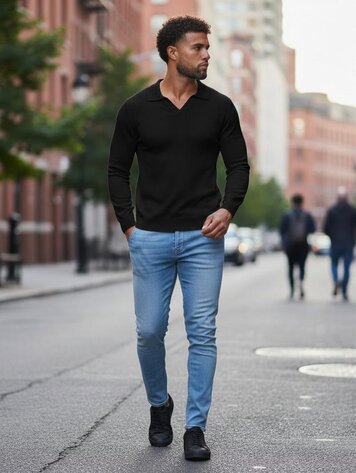Paris Viscose Polo Long Sleeve- Black M645-1