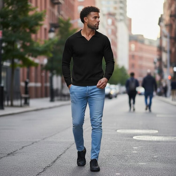Paris Viscose Polo Long Sleeve- Black M645-1