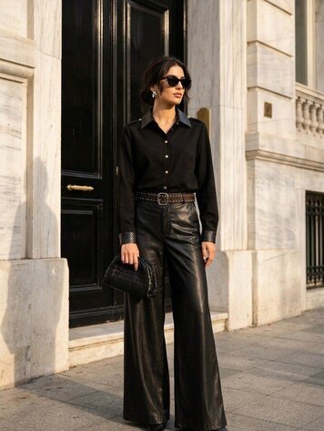 Paris Faux Leather Wide Leg Pants- Black 7110