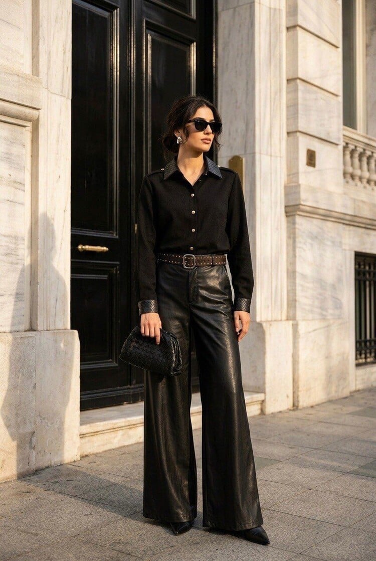 Paris Faux Leather Wide Leg Pants- Black 7110