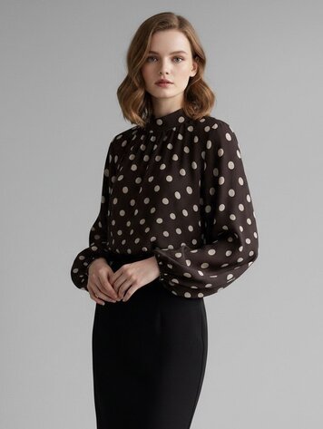 Paris Long Sleeve Polka Dot Pleated Blouse-Brown