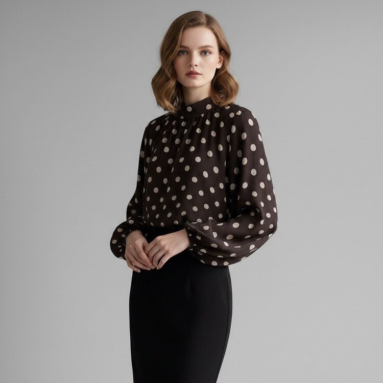 Paris Long Sleeve Polka Dot Pleated Blouse-Brown