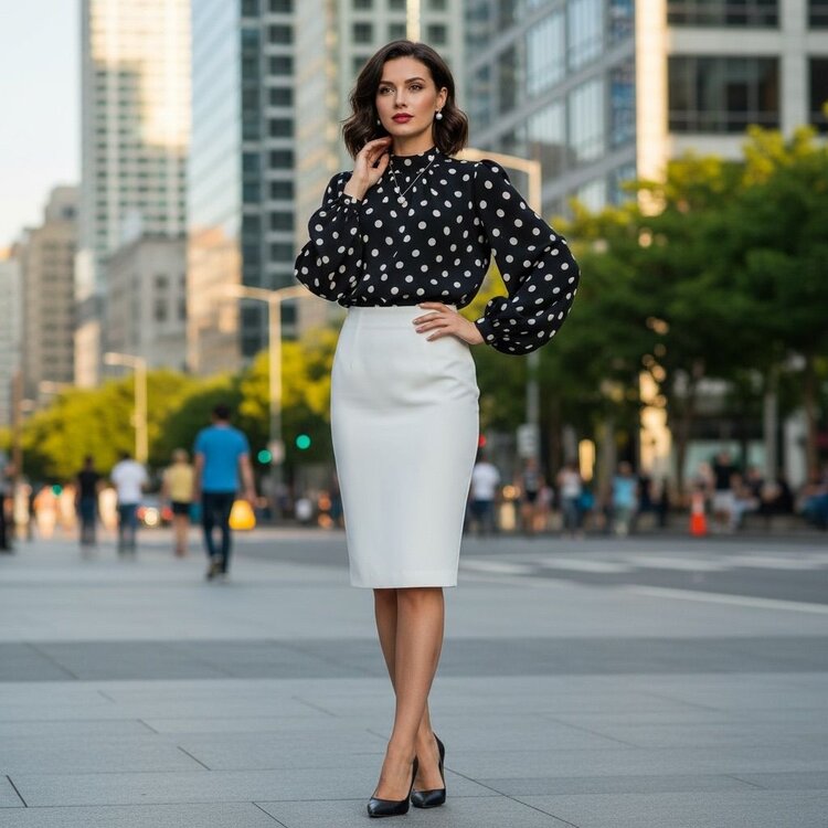 Robeaux Long Sleeve Polka Dot Pleated Blouse-Black