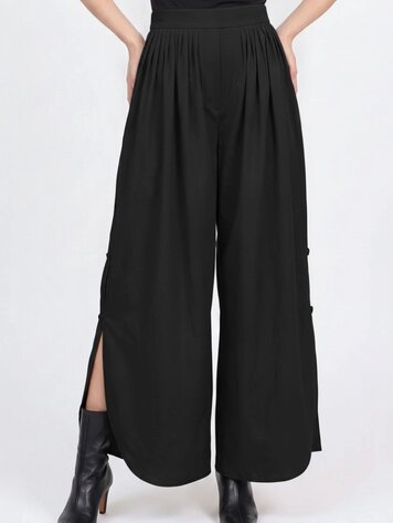 USA Button Side Slit Wide Leg Pants-Black WP4086