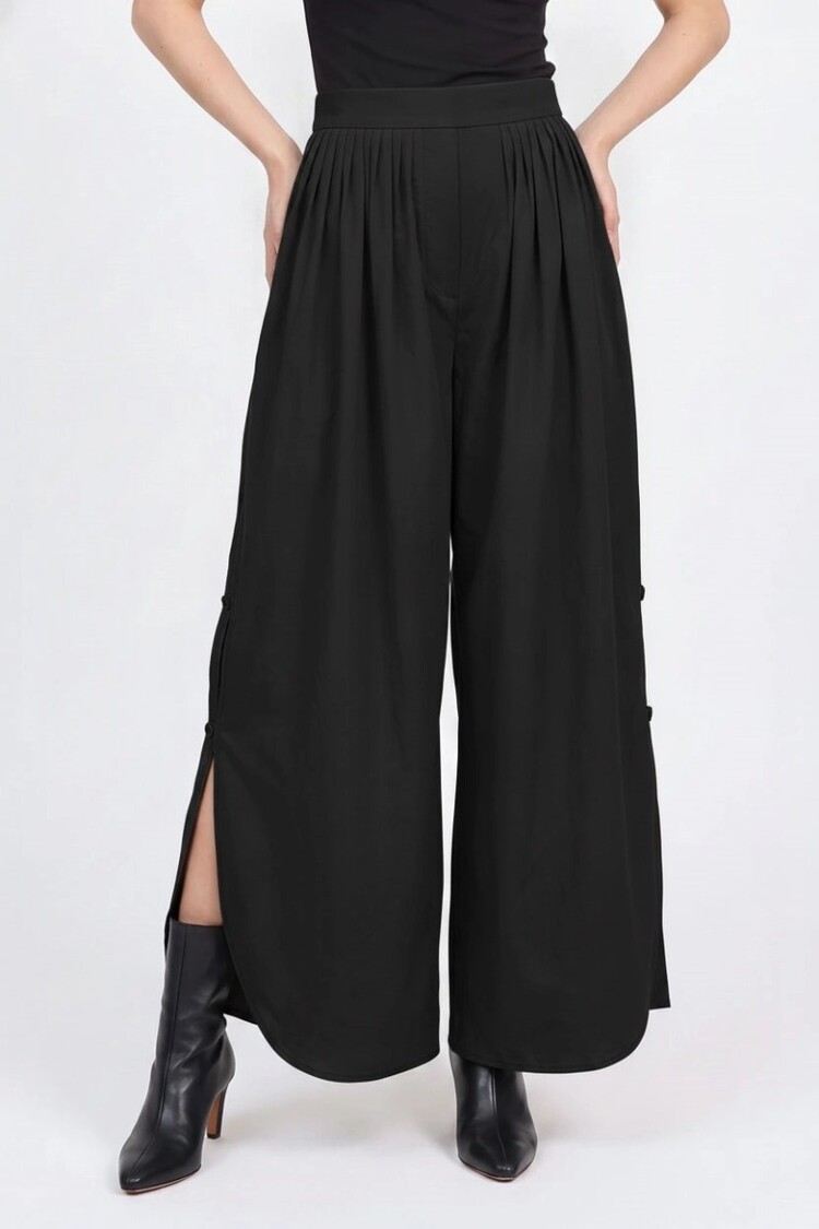 USA Button Side Slit Wide Leg Pants-Black WP4086