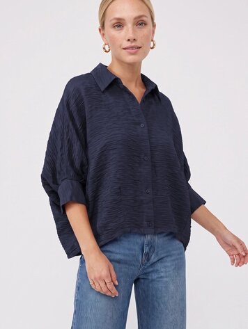 USA Textured Satin Dolman Short Sleeve Blouse-Navy VB9212