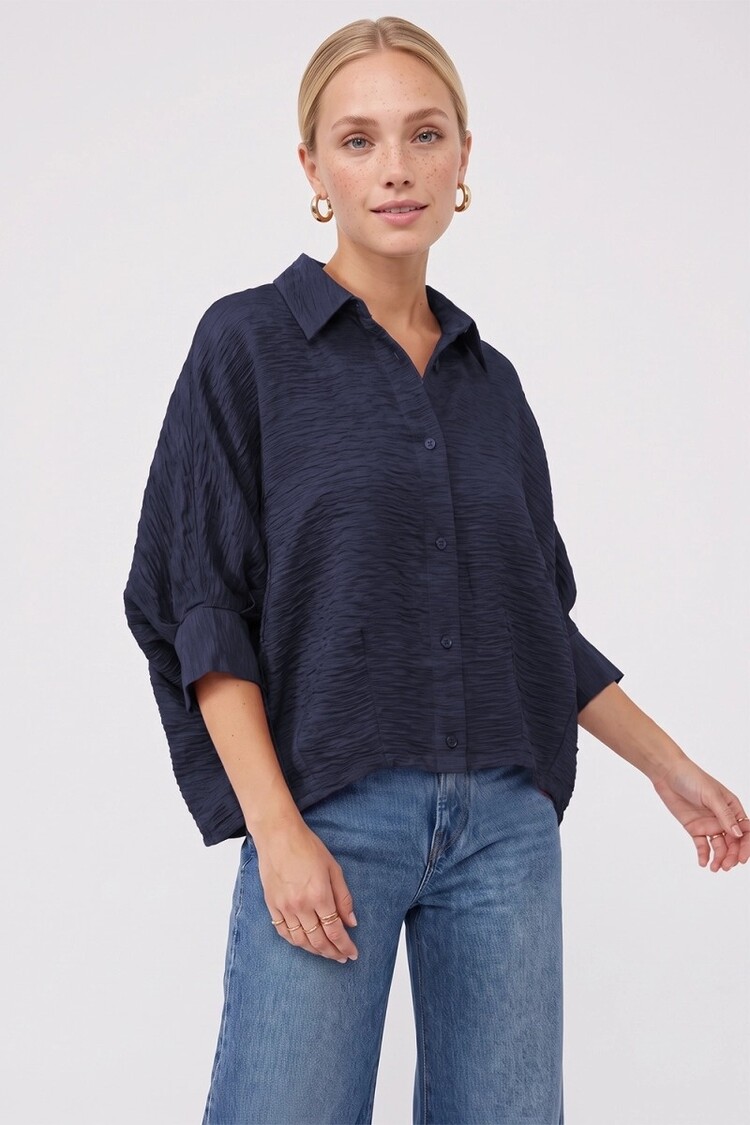 USA Textured Satin Dolman Short Sleeve Blouse-Navy VB9212
