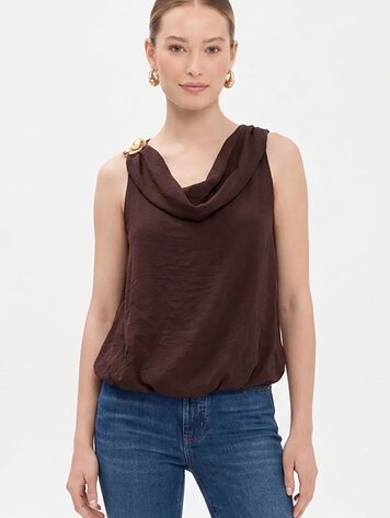 USA Cowl Neck Bubble Hem Sleeveless Top-Chocolate VT9209