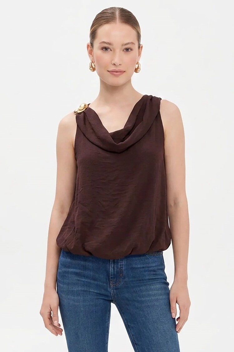 USA Cowl Neck Bubble Hem Sleeveless Top-Chocolate VT9209