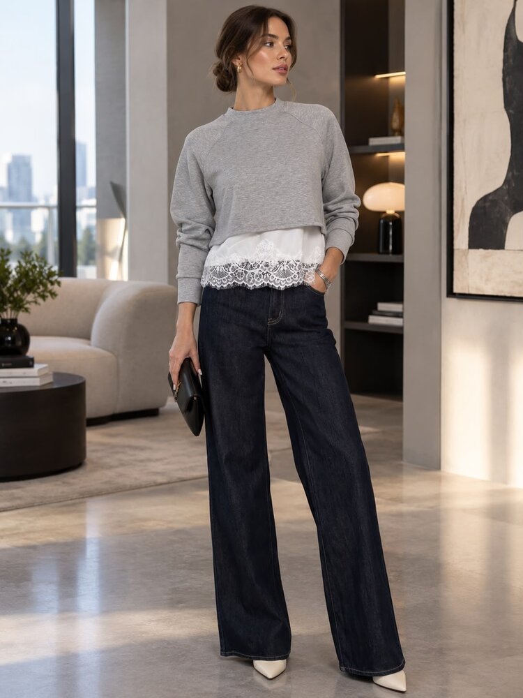 USA Rayon Lace Bottom Sweatshirt-Grey  10574TN
