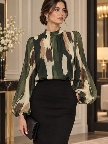 Paris Olive Brushstroke Blouse