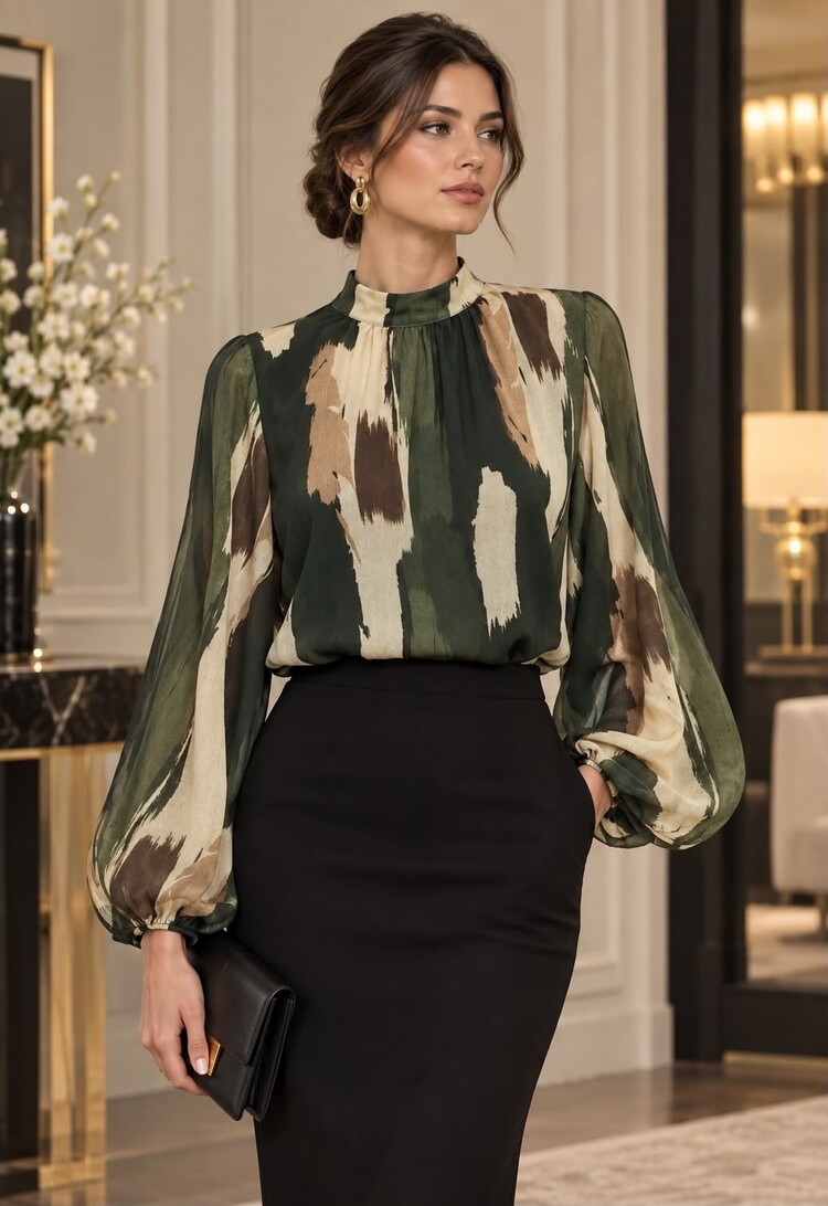 Paris Olive Brushstroke Blouse