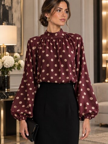 Paris Long Sleeve Polka Dot Pleated Blouse-Burgundy