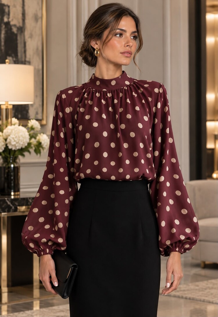 Paris Long Sleeve Polka Dot Pleated Blouse-Burgundy