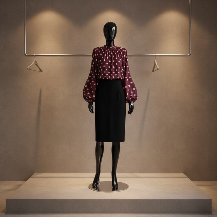 Paris Long Sleeve Polka Dot Pleated Blouse-Burgundy