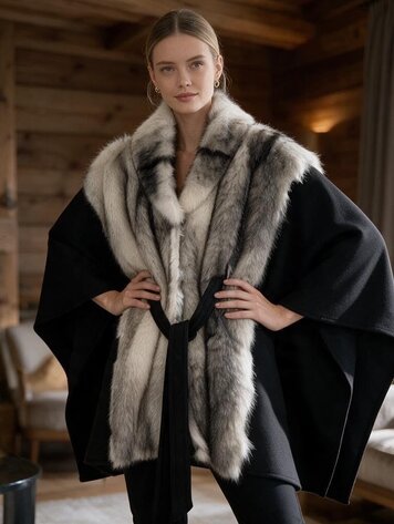 Paris Arctic Drift Faux Fur Poncho-Black YXB9221