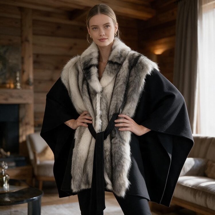 Paris Arctic Drift Faux Fur Poncho-Black YXB9221