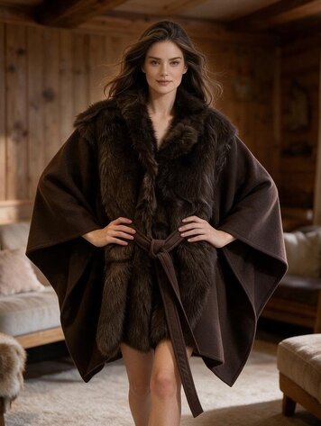 Paris Fuax Fur-Trimmed Suede Poncho-Brown-YXB-9226