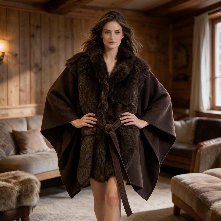 Paris Fuax Fur-Trimmed Suede Poncho-Brown-YXB-9226