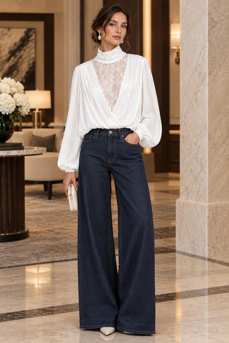 Paris Black Lace Statement Blouse -White 1004