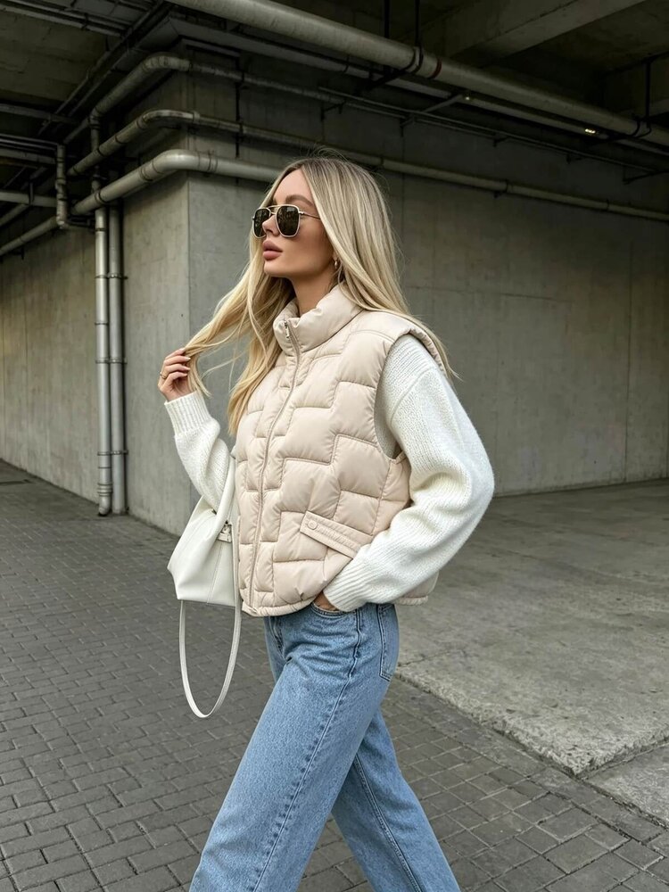 Paris Quilted Puffer Vest-Ecru V8053
