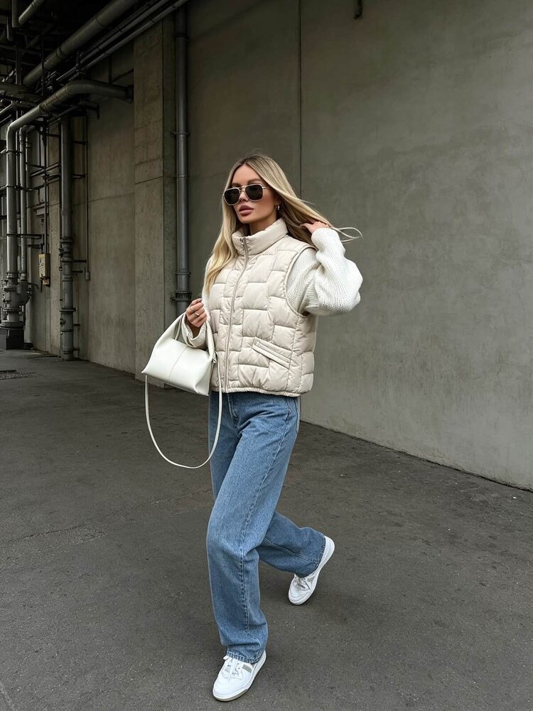 Paris Quilted Puffer Vest-Ecru V8053