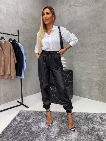 Paris Faux Leather Cargo Pants-Black 2753