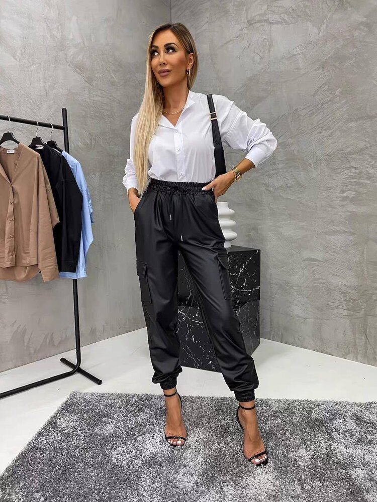 Paris Faux Leather Cargo Pants-Black 2753