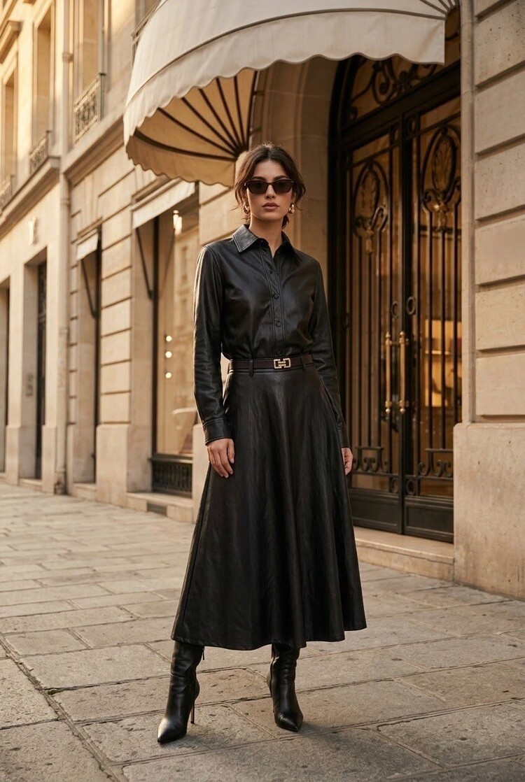 Paris Faux Leather Midi Skirt-Black 7122