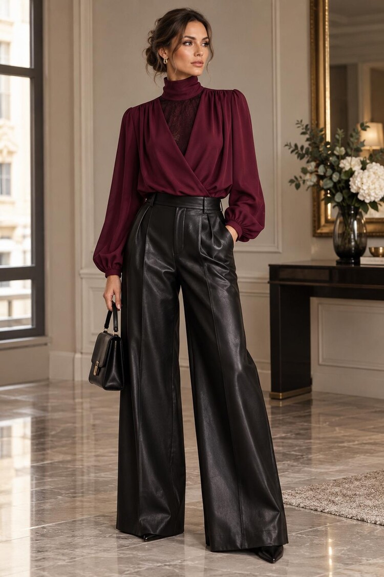 Paris Burgundy Lace Statement Blouse -Black 1004