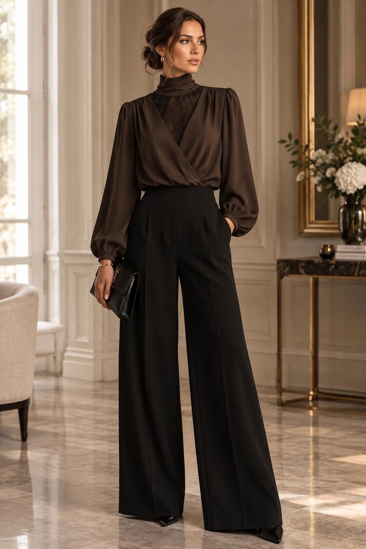 Paris Brown Lace Statement Blouse -Black 1004